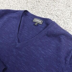Express Sweater Mens L Blue 100% Merino Wool V Neck Knit Pullover Cozy Soft Warm